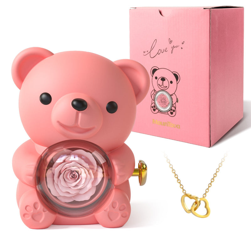 Mountova Teddy Bear and Rose, Gift Box with Rotating Eternal Flower(Blush Pink)