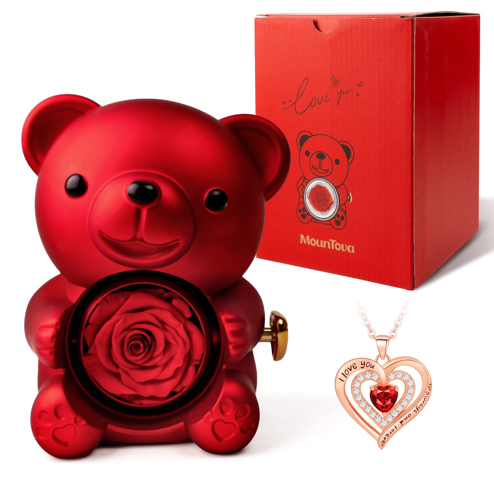 Mountova Pro Teddy Bear and Rose with Hidden Necklace, Romantic Gift for Her