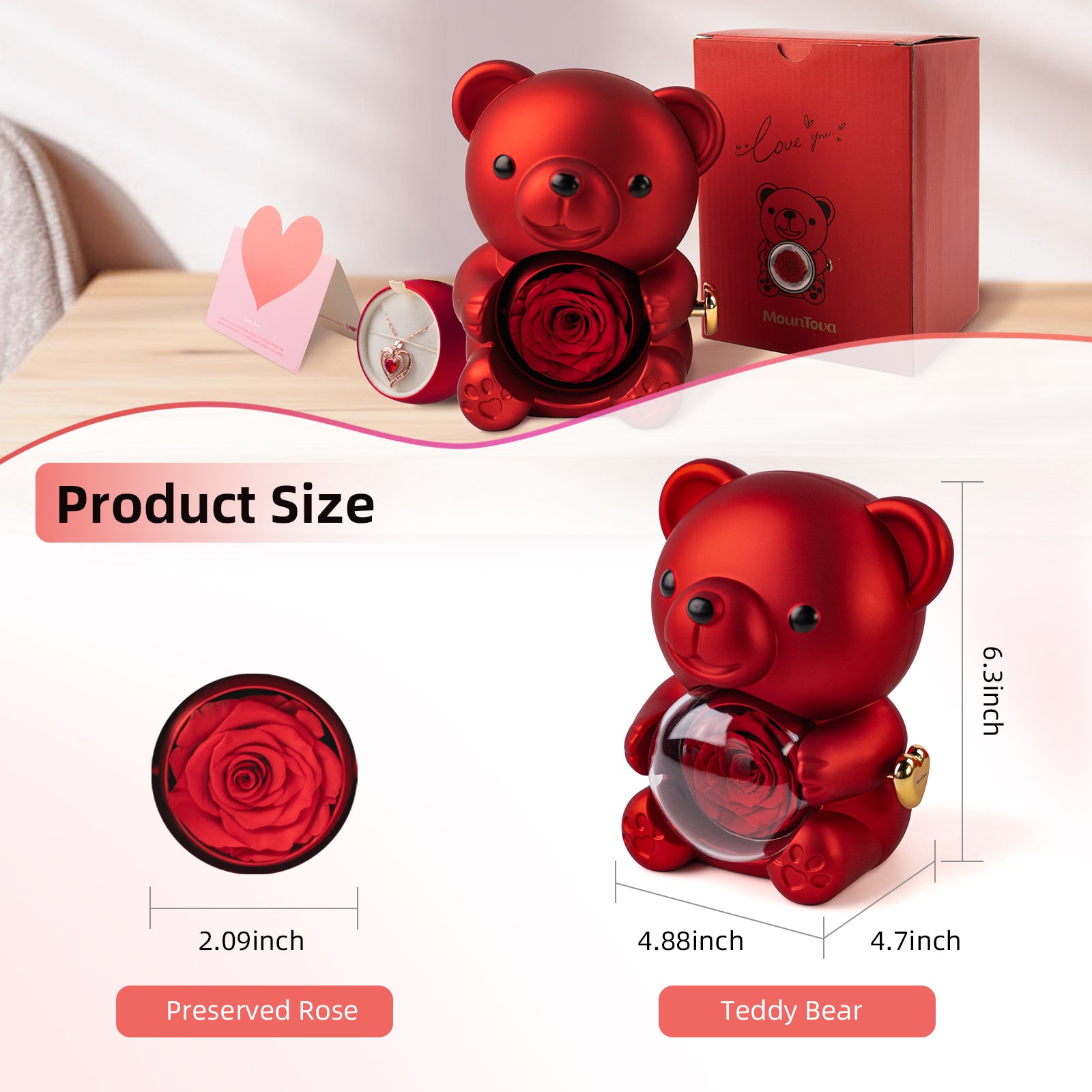 Mountova Pro Teddy Bear and Rose with Hidden Necklace, Romantic Gift for Her