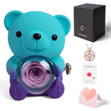 Gradient Blue Teddy Bear and Preserved Rose with Hidden Necklace