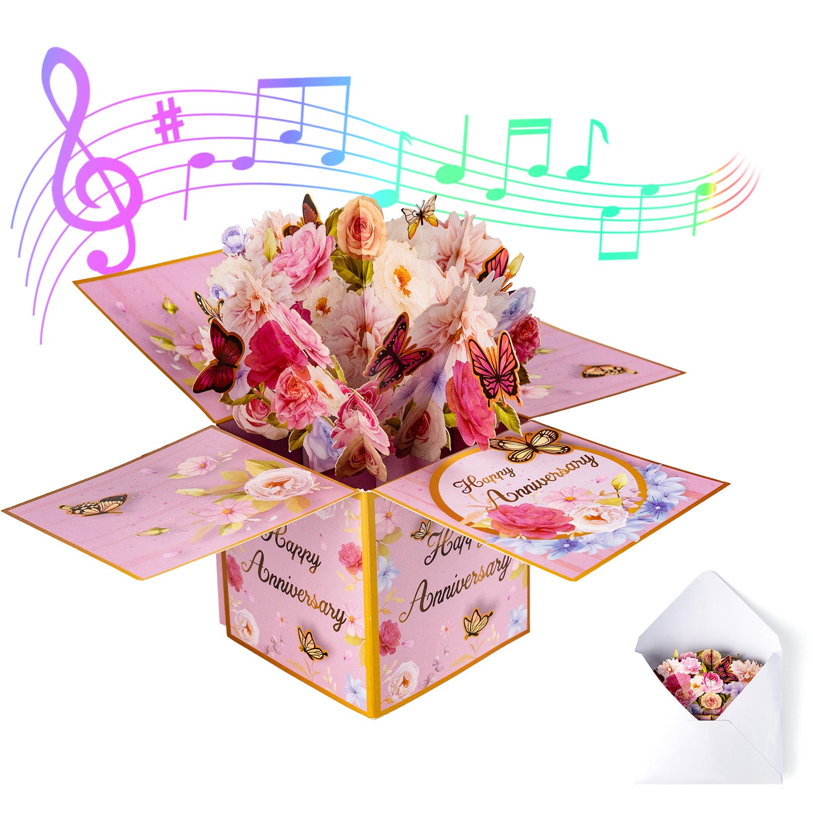 3D Pop Up Anniversary Cards with Music, Romantic LED Light 3D Flower Gift Box