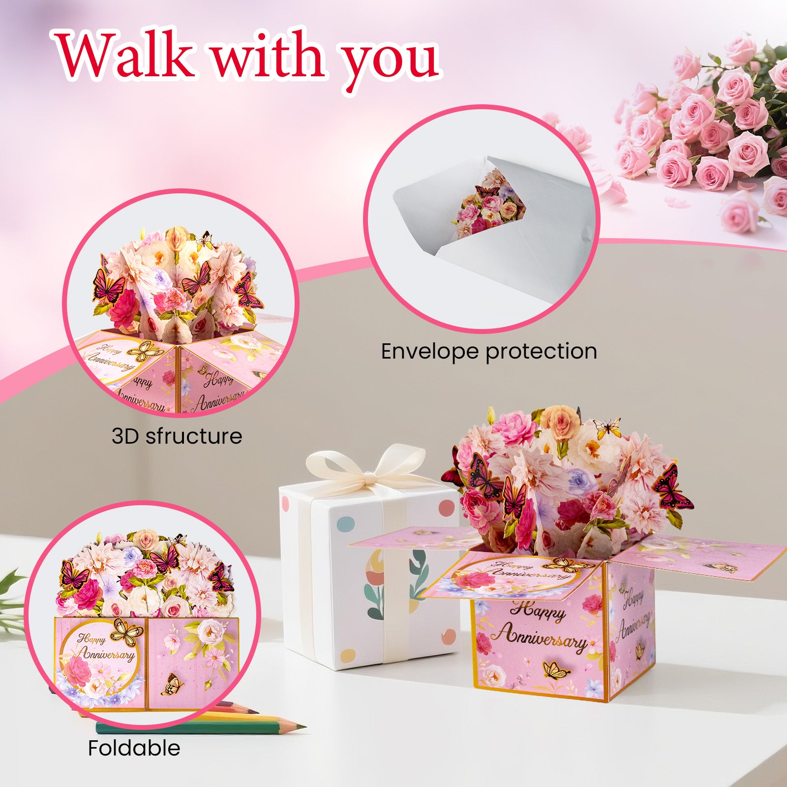 3D Pop Up Anniversary Cards with Music, Romantic LED Light 3D Flower Gift Box