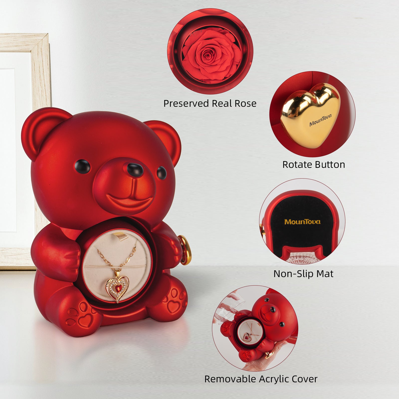 Mountova Pro Teddy Bear and Rose with Hidden Necklace, Romantic Gift for Her
