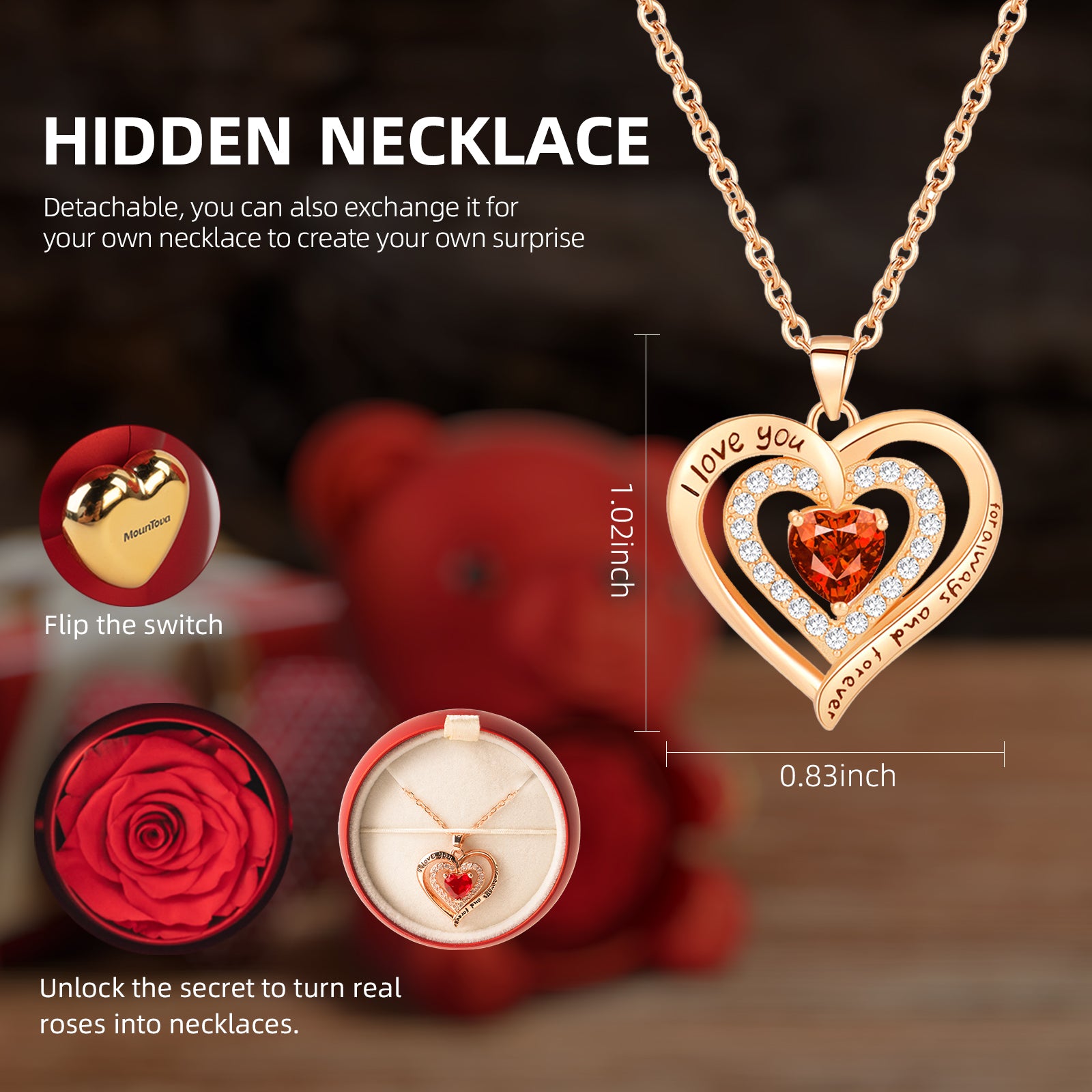 Mountova Pro Teddy Bear and Rose with Hidden Necklace, Romantic Gift for Her