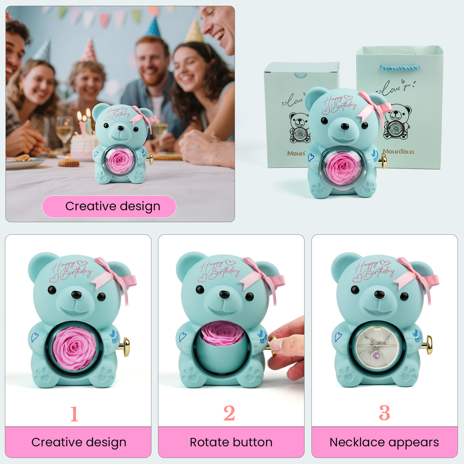 Happy Birthday Teddy Bear with Preserved Flower