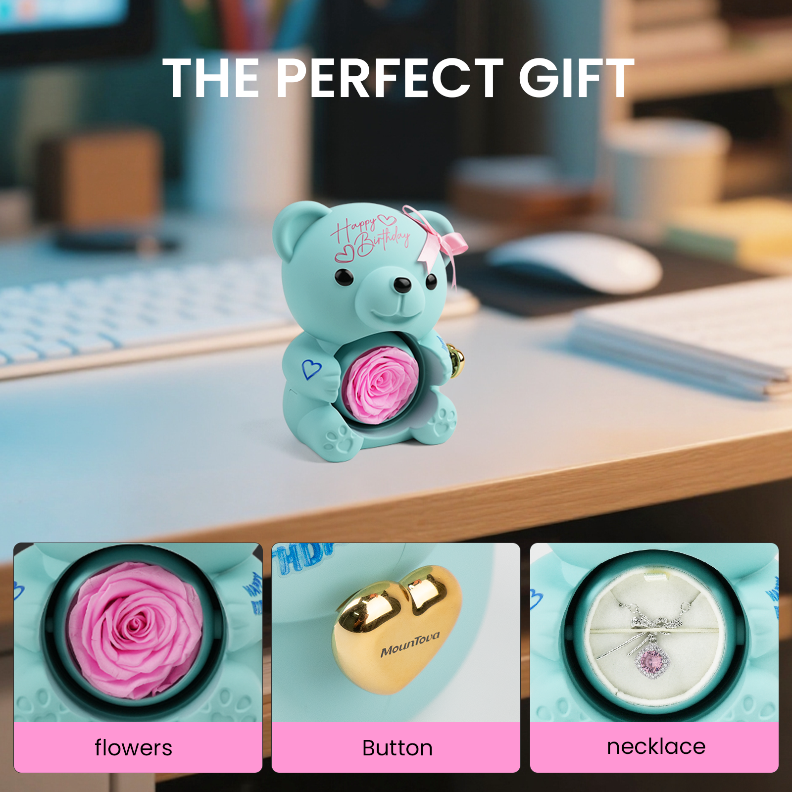 Happy Birthday Teddy Bear with Preserved Flower