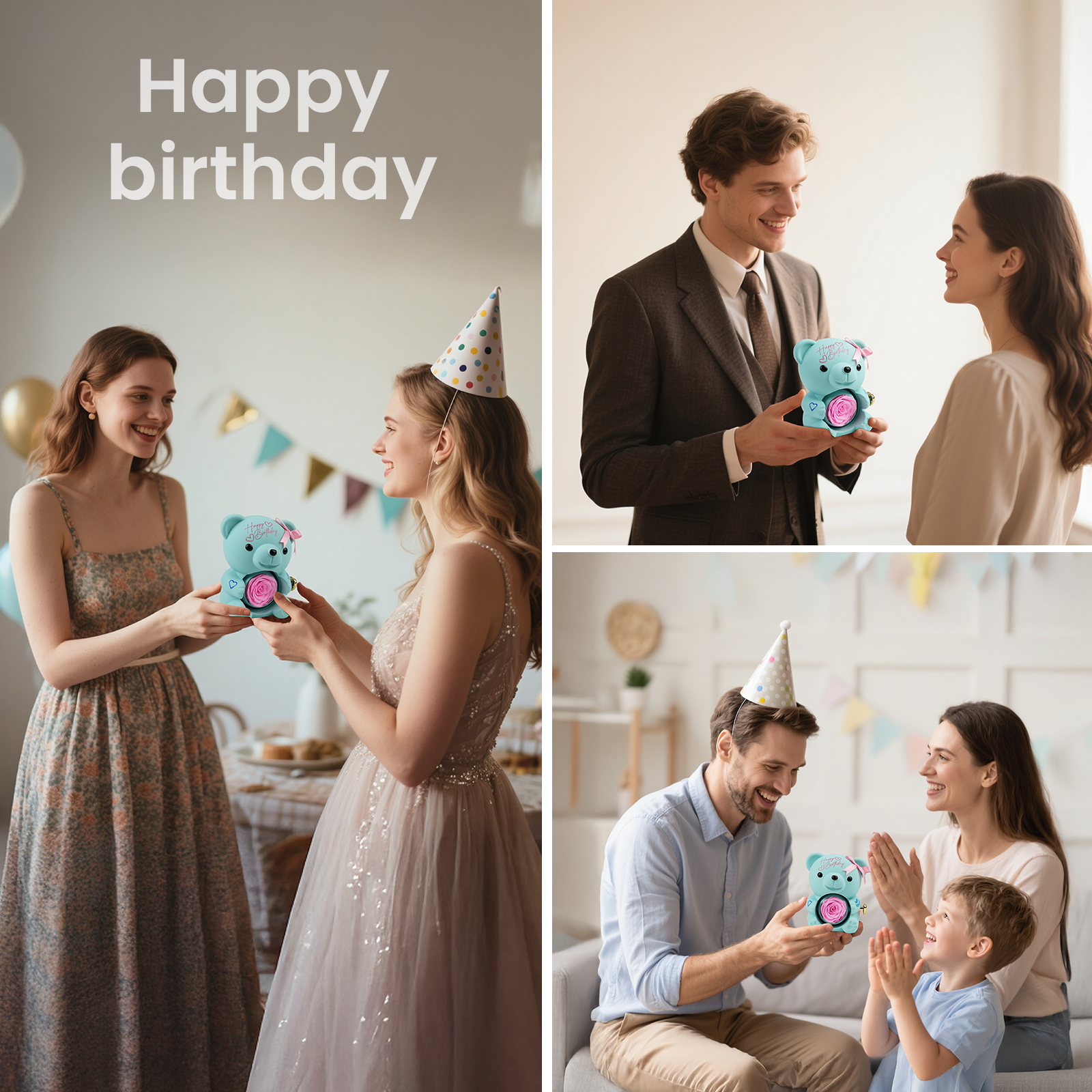 Happy Birthday Teddy Bear with Preserved Flower