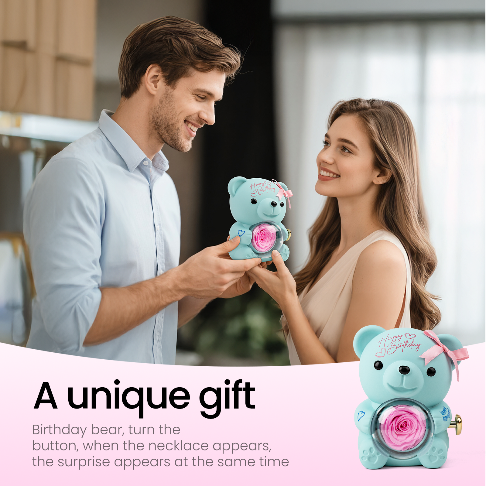 Happy Birthday Teddy Bear with Preserved Flower