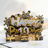 Black gold cake with music, lights and blown candles, 3D Greeting Card