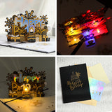 Black gold cake with music, lights and blown candles, 3D Greeting Card