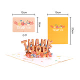 3D pop-up card with 'THANK YOU' text and floral designs, shown with measurements on a white background.