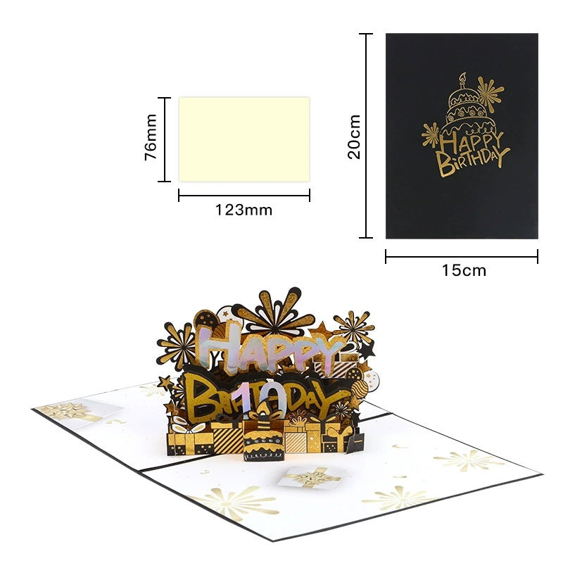 Black gold cake with music, lights and blown candles, 3D Greeting Card