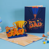 Pop-up card with 'Best Dad' text and superhero design on a blue background