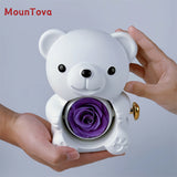 MounTova Teddy Bear with Preserved Flower, Gift Box with Necklace(White)