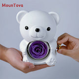 MounTova Teddy Bear with Preserved Flower, Gift Box with Necklace(White)