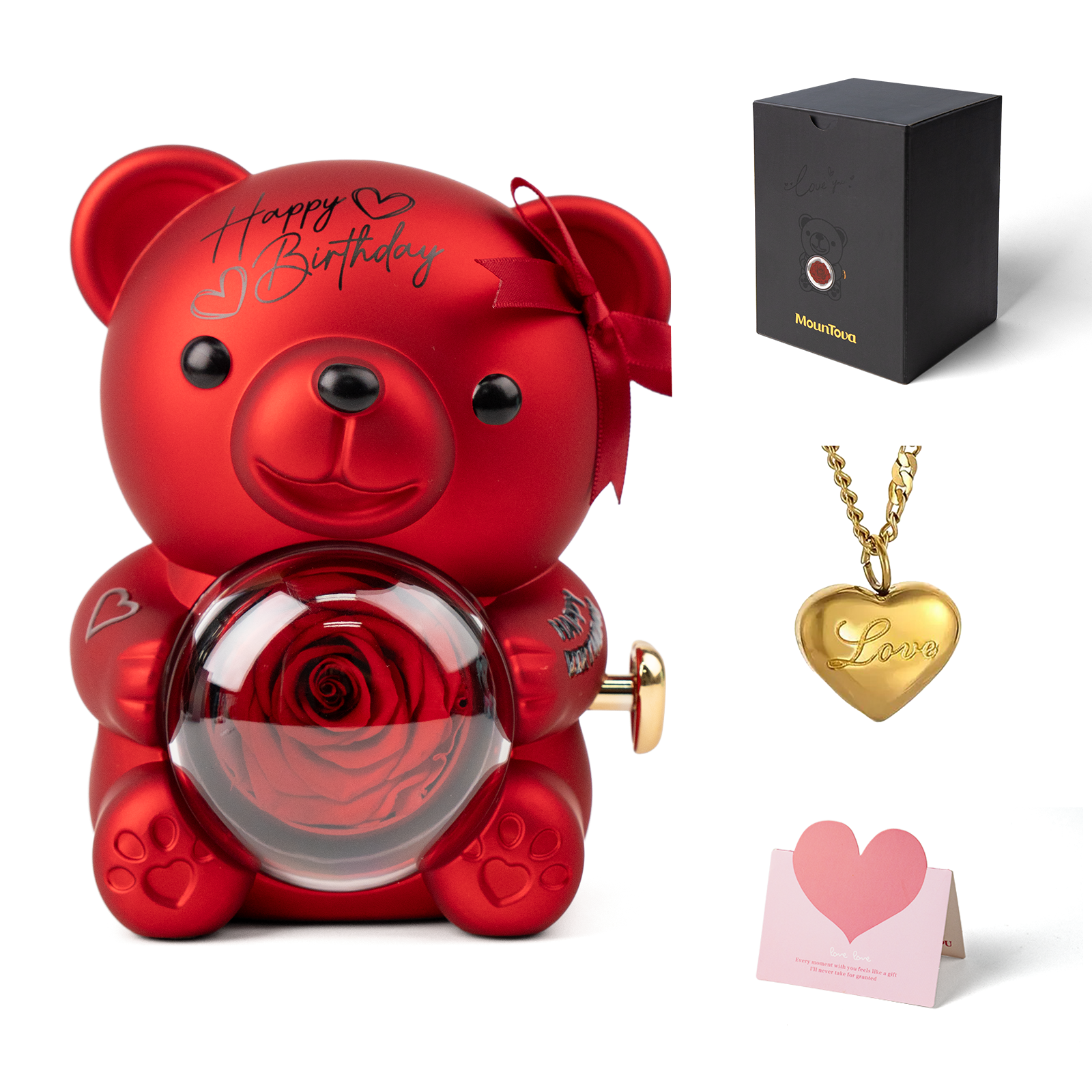 Happy Birthday Teddy Bear with Preserved Flower