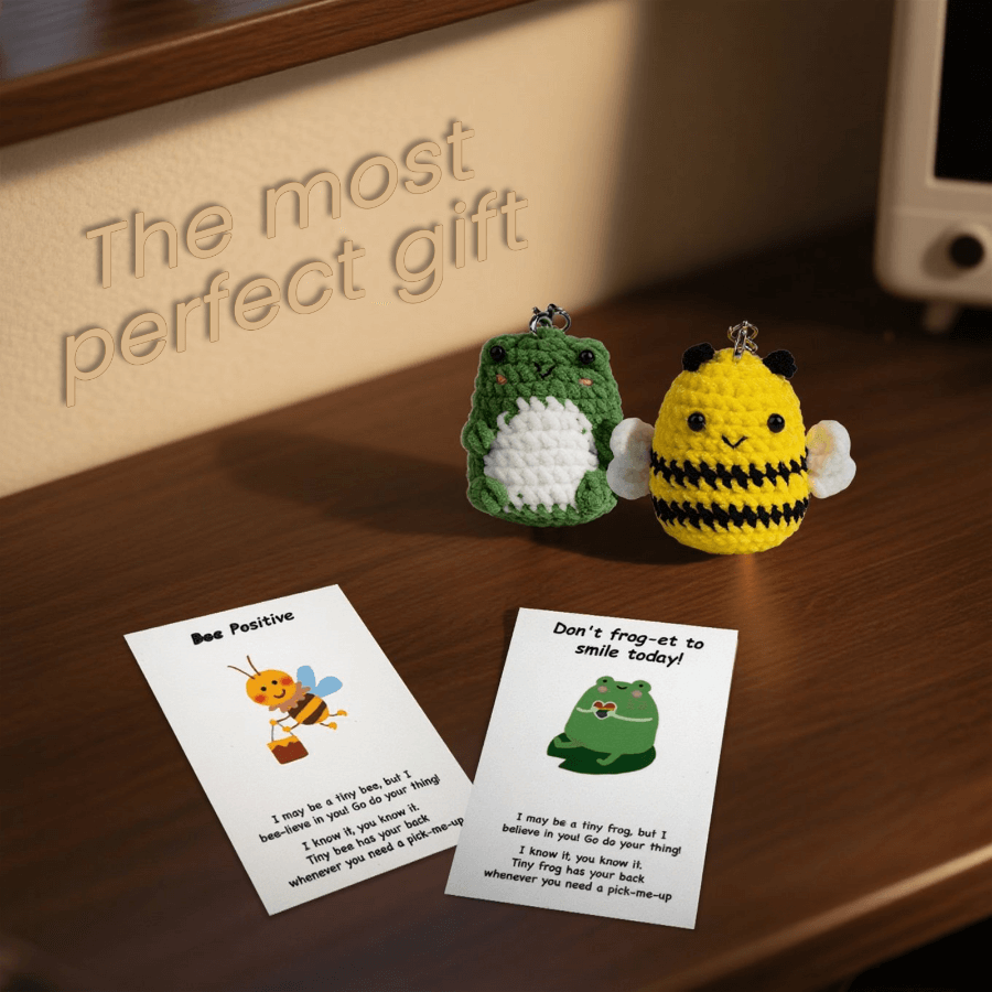 Crocheted Animal Pocket Hug | "Bee Positive" & "Frog-et to Smile" Encouragement Keychain