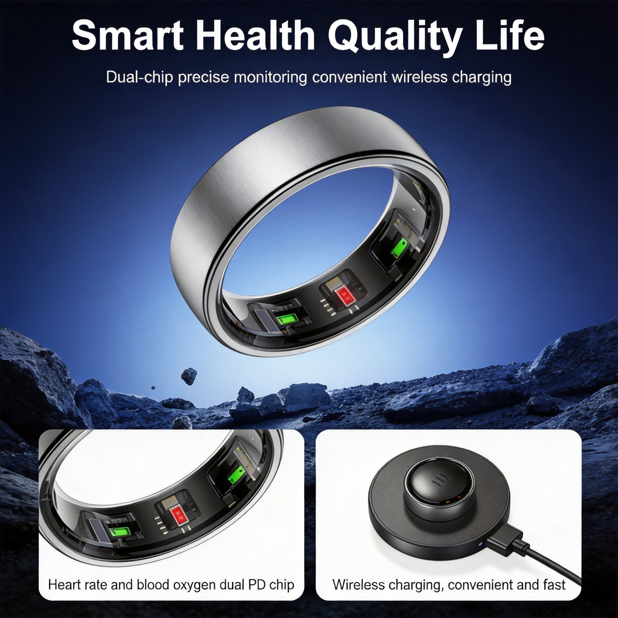 Smart Ring Dual Chip Health Monitoring Activity Tracker 5ATM Water Resistant Wireless Charging 24 7 Heart Rate Monitor Fitness Sports Daily Use Gift for Dad Men,R10