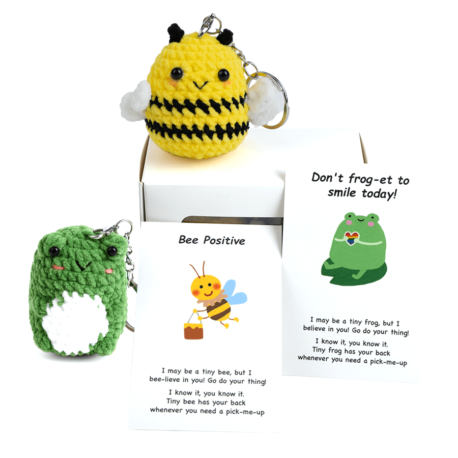 Crocheted Animal Pocket Hug | "Bee Positive" & "Frog-et to Smile" Encouragement Keychain
