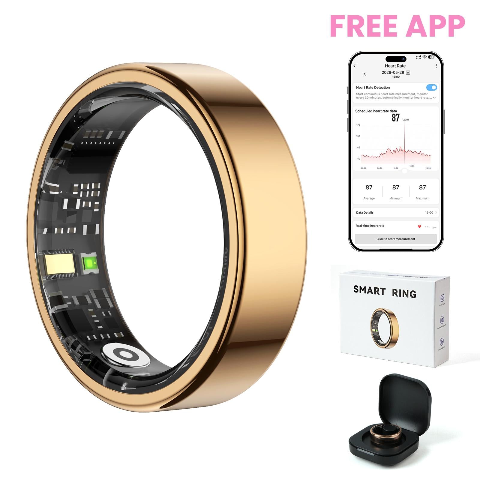 Gold-colored Stainless Steel Smart Ring – Fitness Tracker with 24/7 Sleep Tracking, Heart Rate,Blood Oxygen, Stress & Women's Cycle Monitor,IP68 & 5ATM Health & Fitness Tracker, iOS & Android Compatible, Charging Case Included