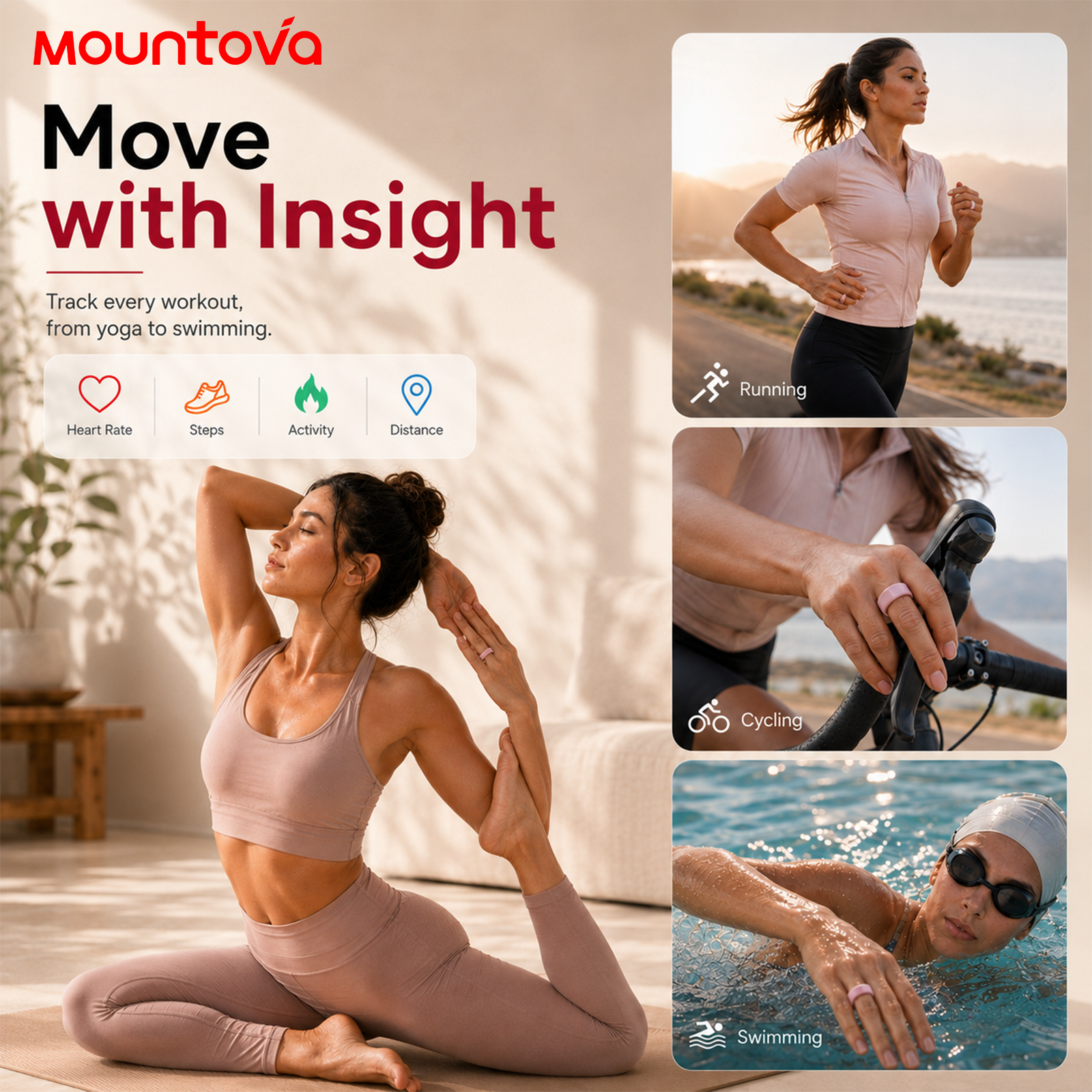 Mountova OR5 Smart Ring for Women & Men, Ceramic & Stainless Steel Health Tracker, 2.9g Lightweight, Heart Rate Blood Oxygen Sleep Stress Monitor, 5ATM Waterproof, 5-7 Day Battery, 5 Colors, Charging Case, iOS Android