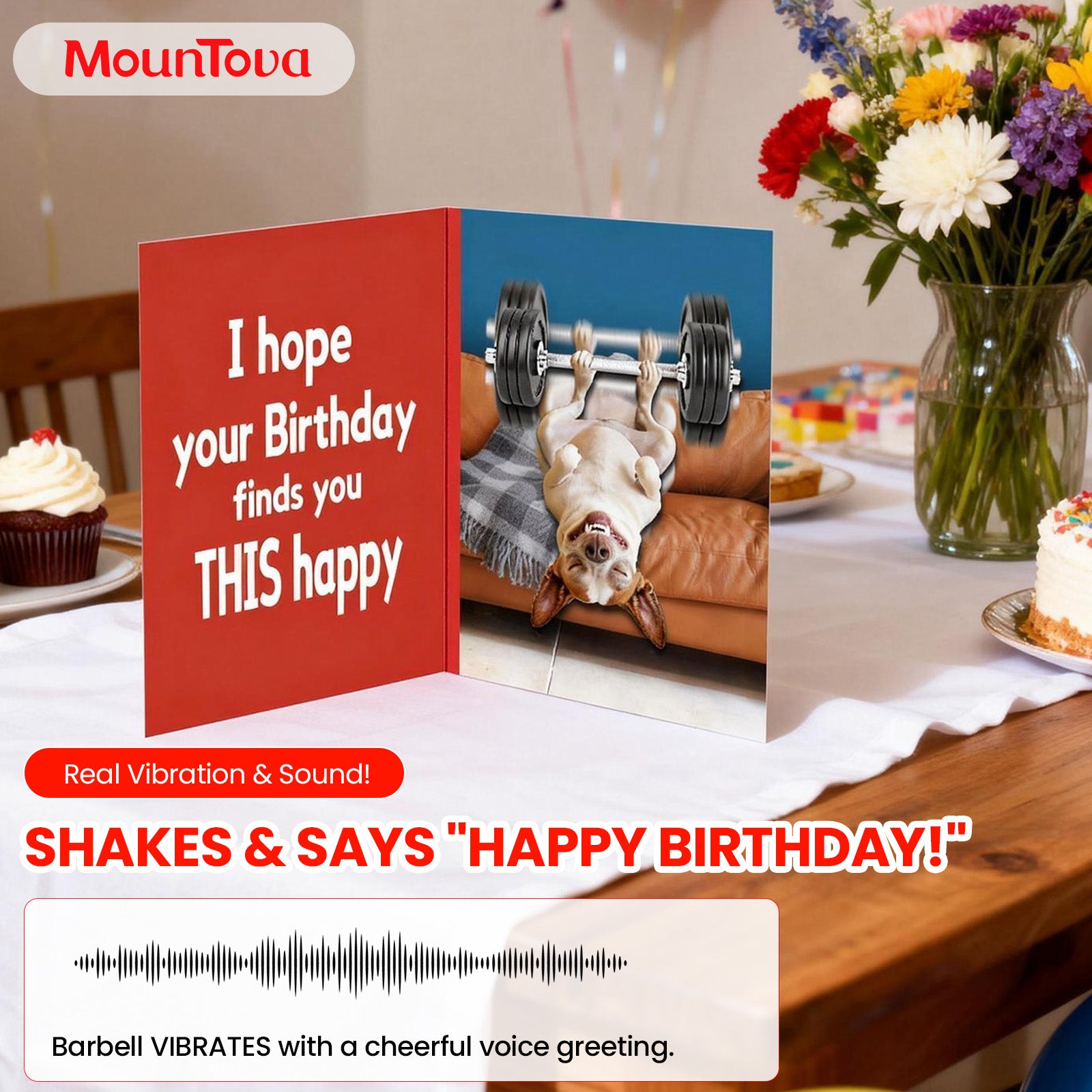 Mountova Funny Animated Birthday Card with Sound, Shaking Barbell Dog, Interactive Humorous Greeting Card with Envelope, Happy Birthday Gift for Family, Friends, Coworkers