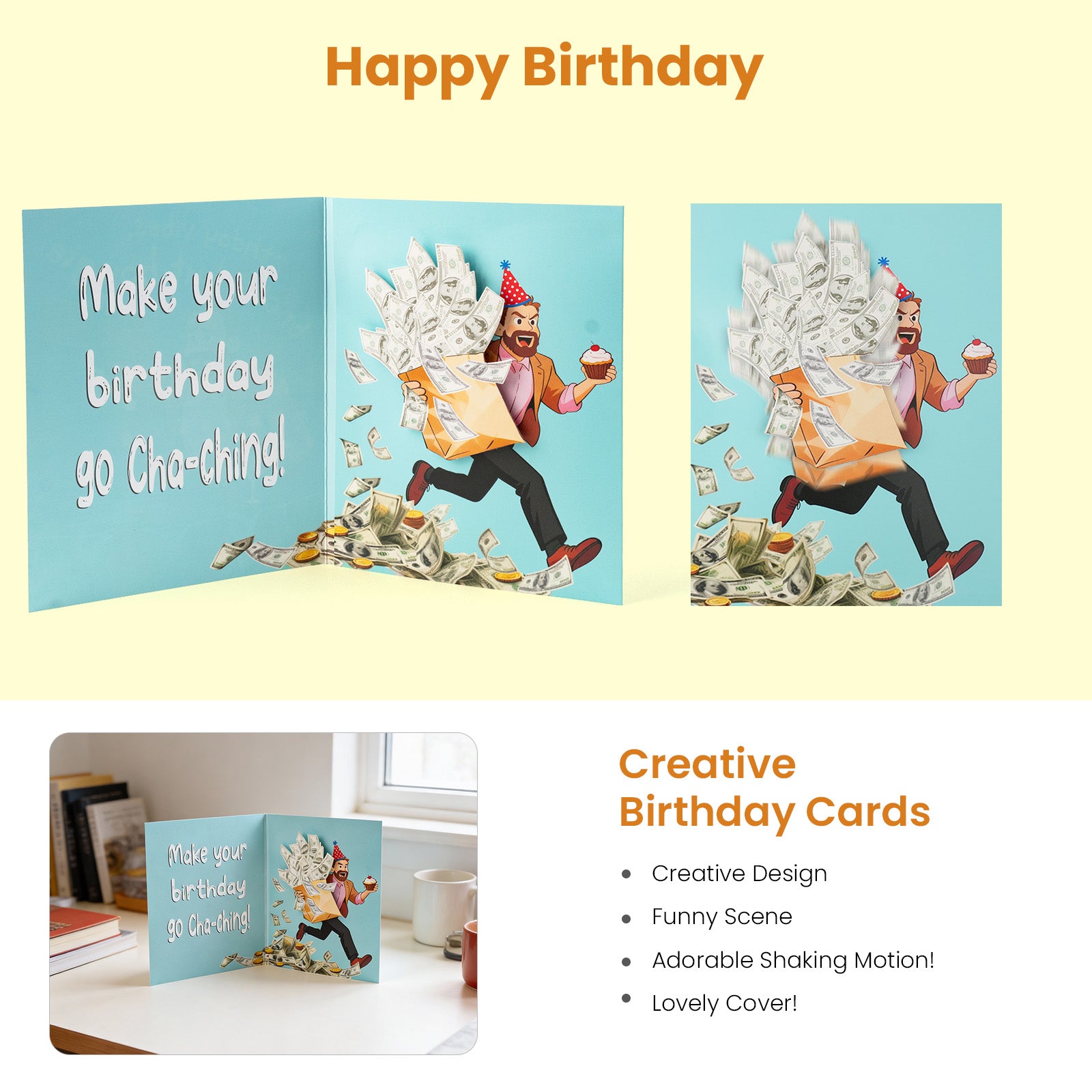 Funny Birthday Card，Musical Birthday Card with Shaking Money Bag – Interactive Happy Birthday Greeting Card with Music & Envelope, Surprise Birthday Gift for Men, Women & Kids