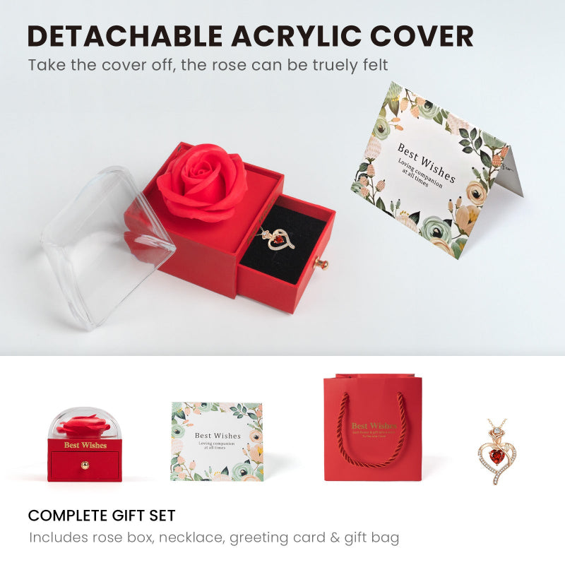 Gift set with red rose in box, necklace, and greeting card on white background