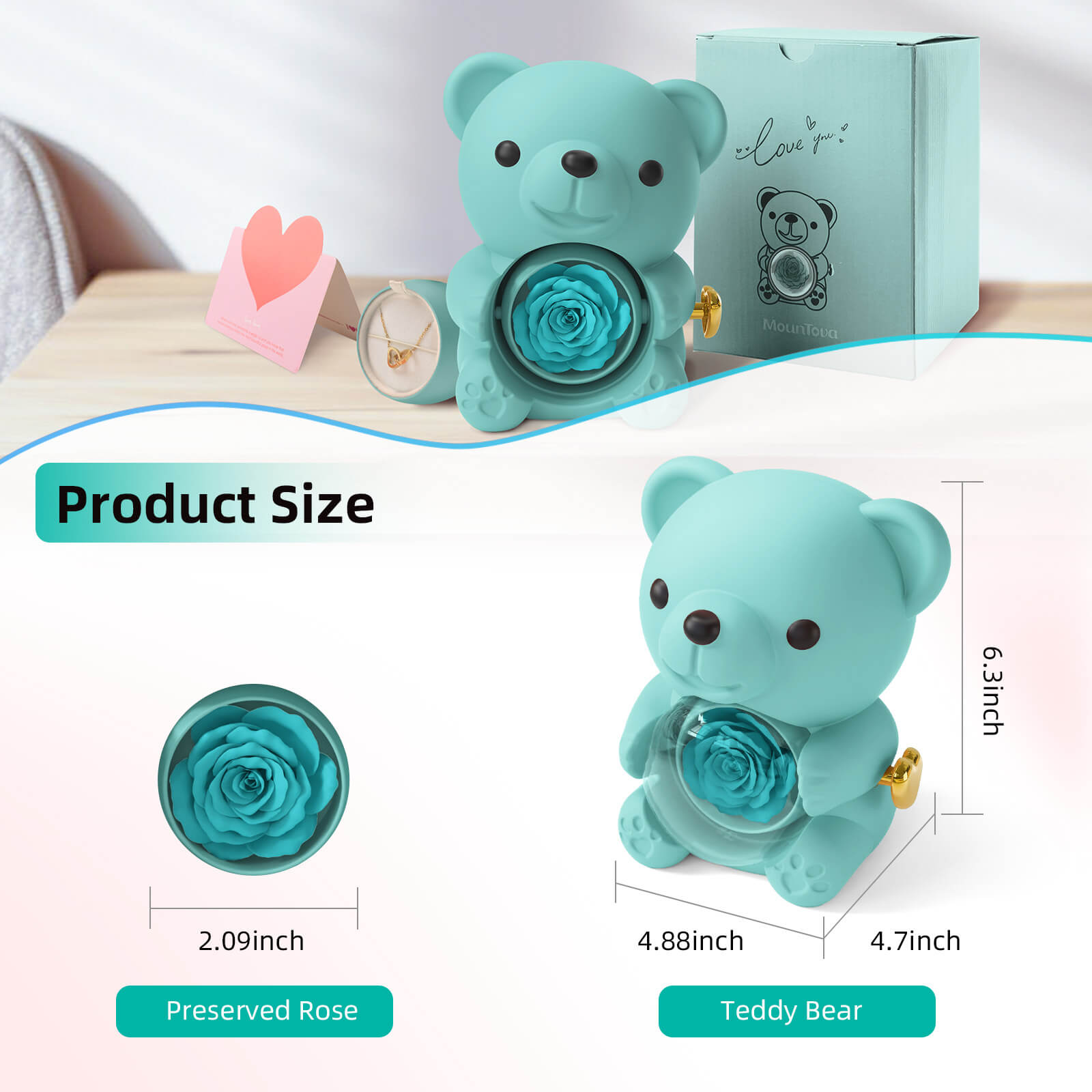 Mountova Teddy Bear with Preserved Flower（Tiffany Blue)
