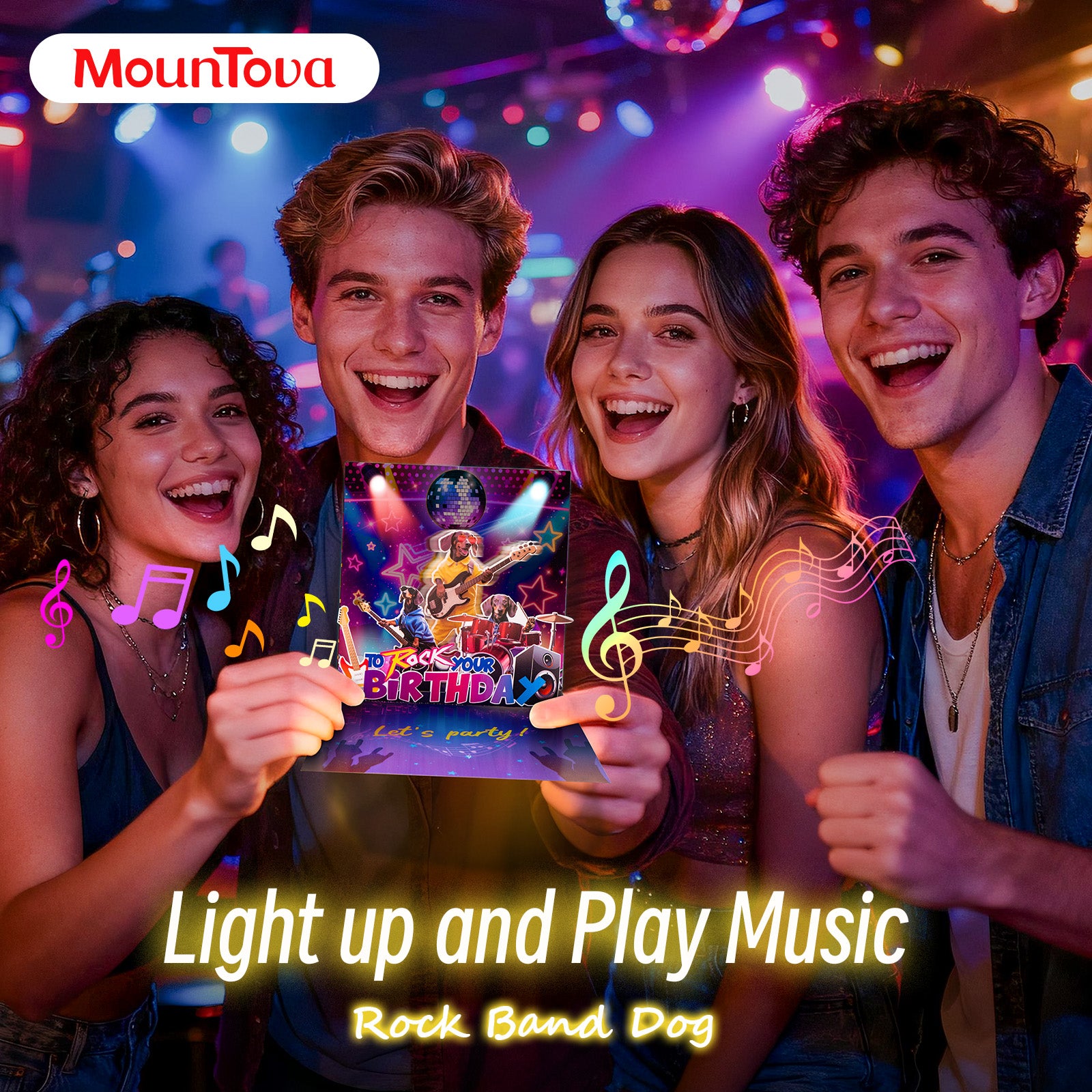 mountova Birthday Card, Funny Birthday Cards for Men Women Kids, Exquisite MUSICAL & SHAKING & LIGHTING Rock Band Dog Pop-up Greeting Card Gifts with Envelope, 6.1 x 6.1 Inch