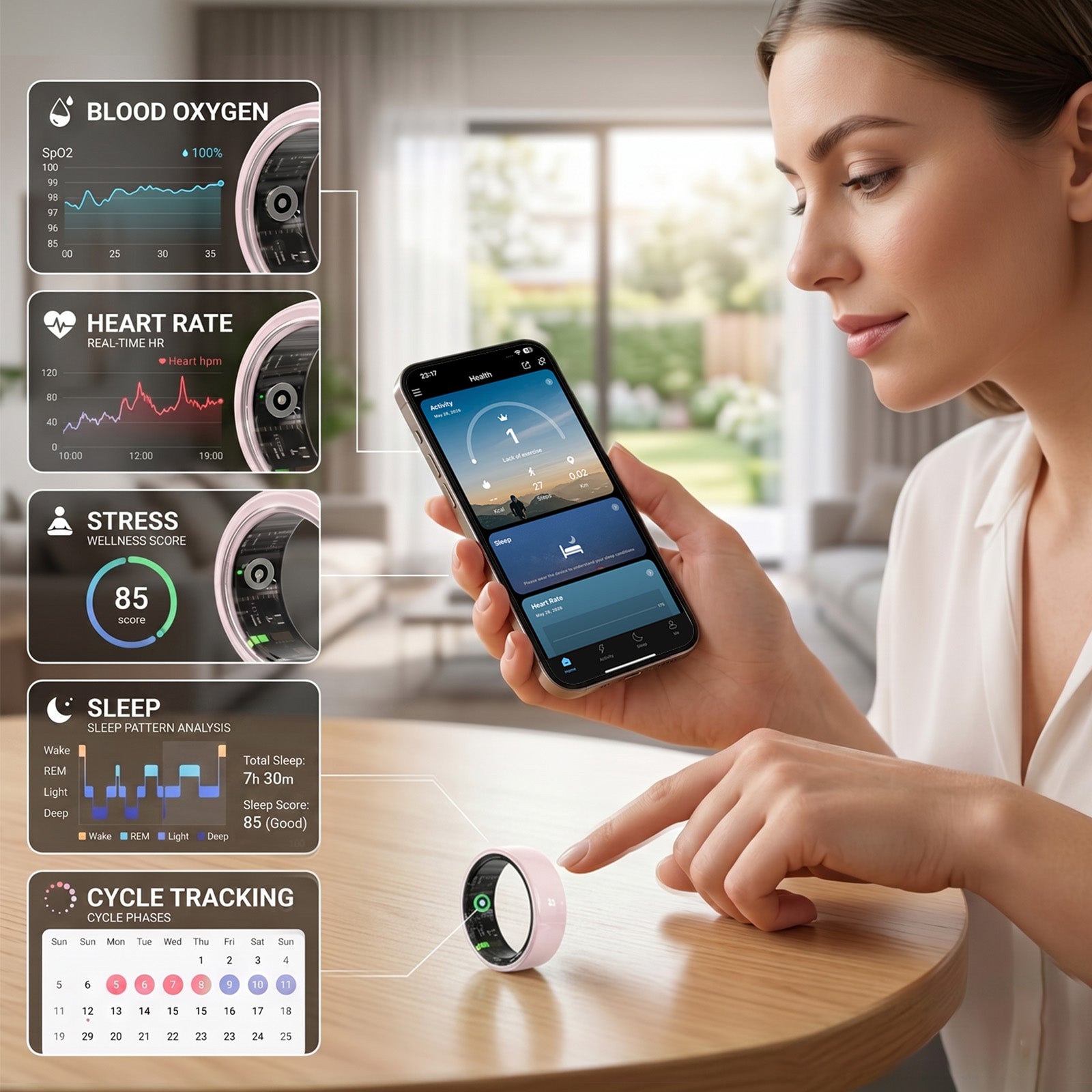 Smart Health Ring - Heart Rate Blood Oxygen Sleep Monitor, Couple Interactive 5ATM Waterproof Fitness Tracker Ring