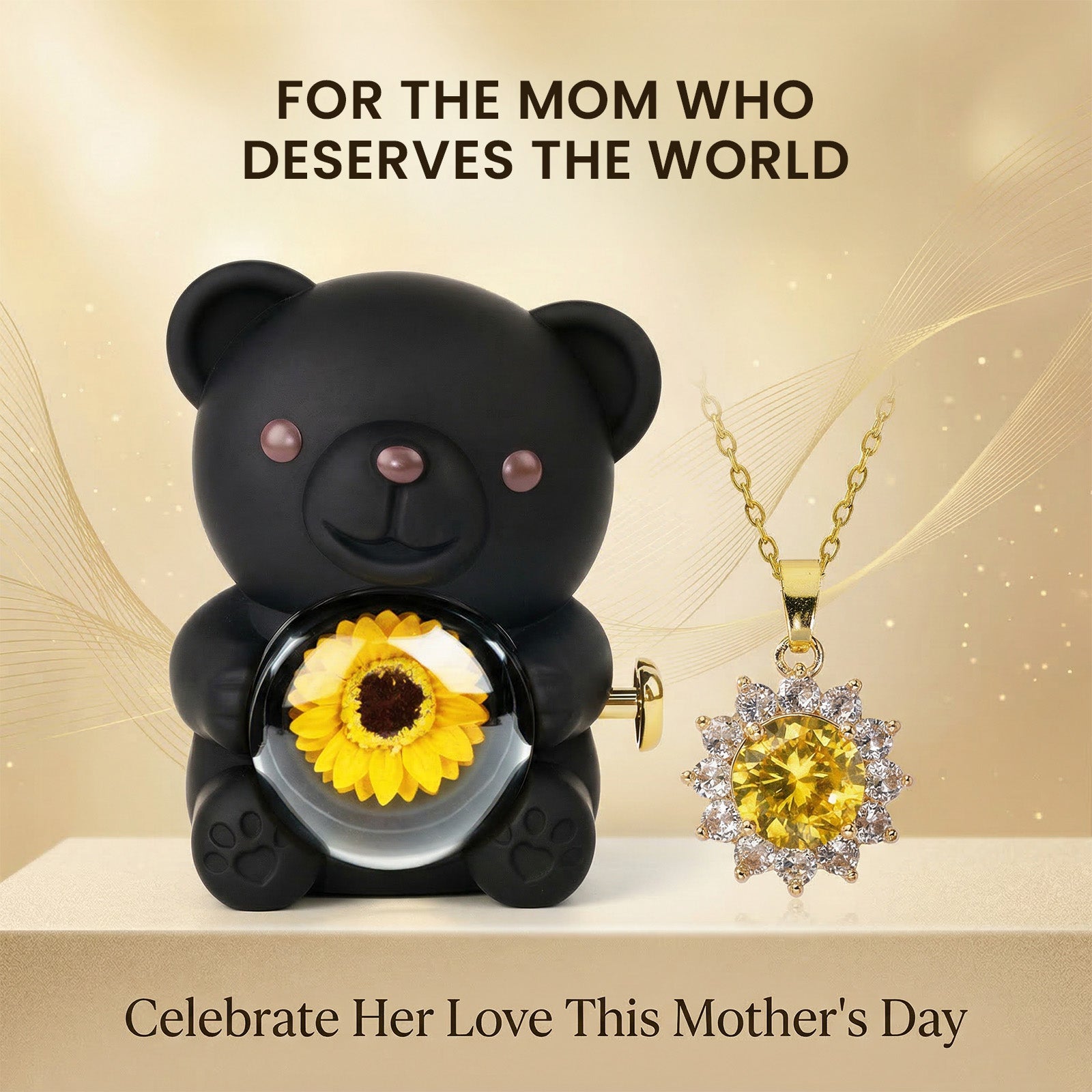 Mountova Lucky Sunflower Bear Necklace Gift Box Set, Romantic Jewelry for Mom, Daughter, Girlfriend, Birthday & Anniversary, Cute Room Decor