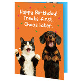 Funny Birthday pop-up Card for Pet Lovers – Cat & Dog Celebration Greeting Card with Humorous Treats First, Chaos Later Design – Perfect for Animal Enthusiasts and Pet Owners