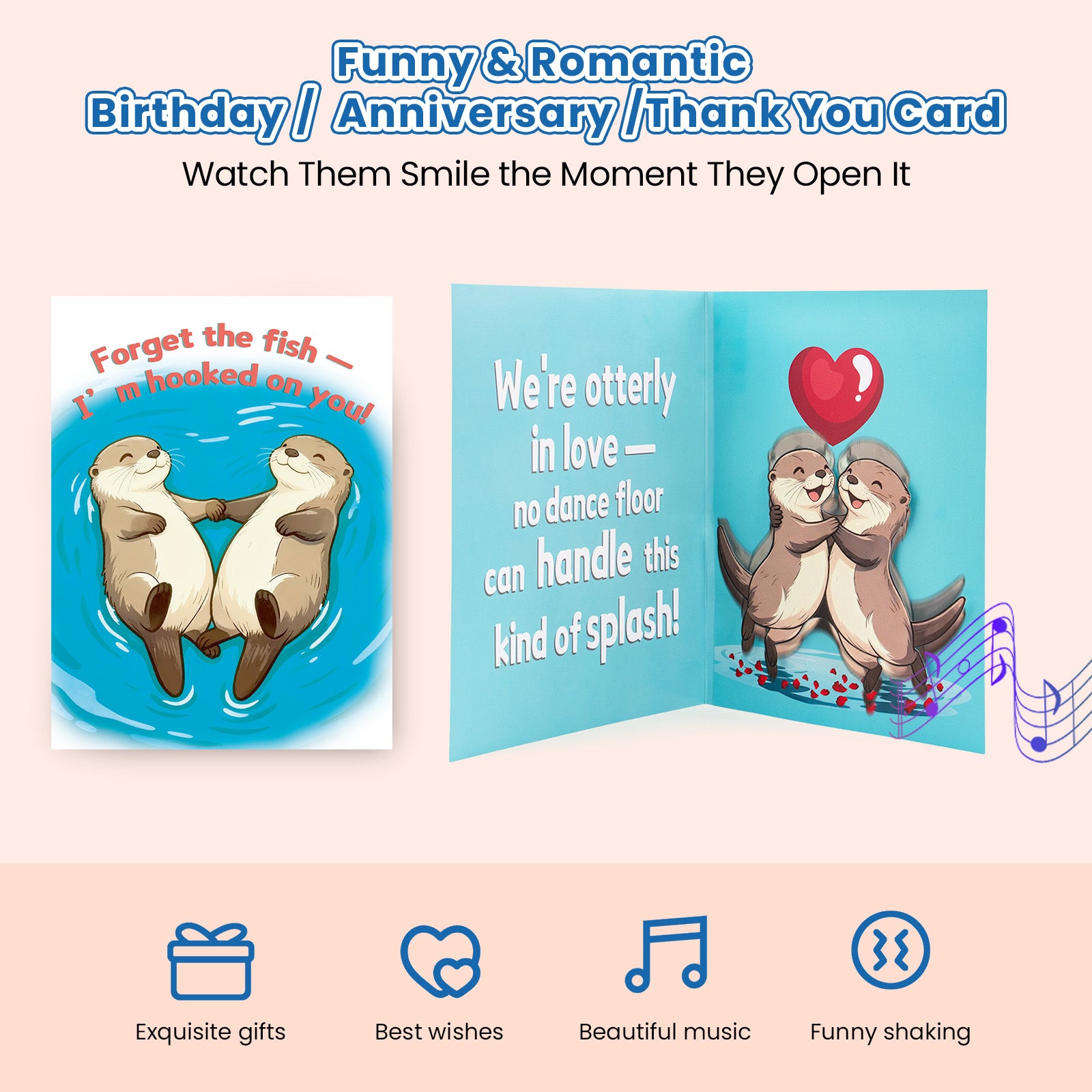 Funny Otter Dancing Birthday Card - "We're Otterly in Love" | Musical Pop-Up Card with Sound & LED Light | Cute Animal Valentine's Day or Anniversary Gift for Couples
