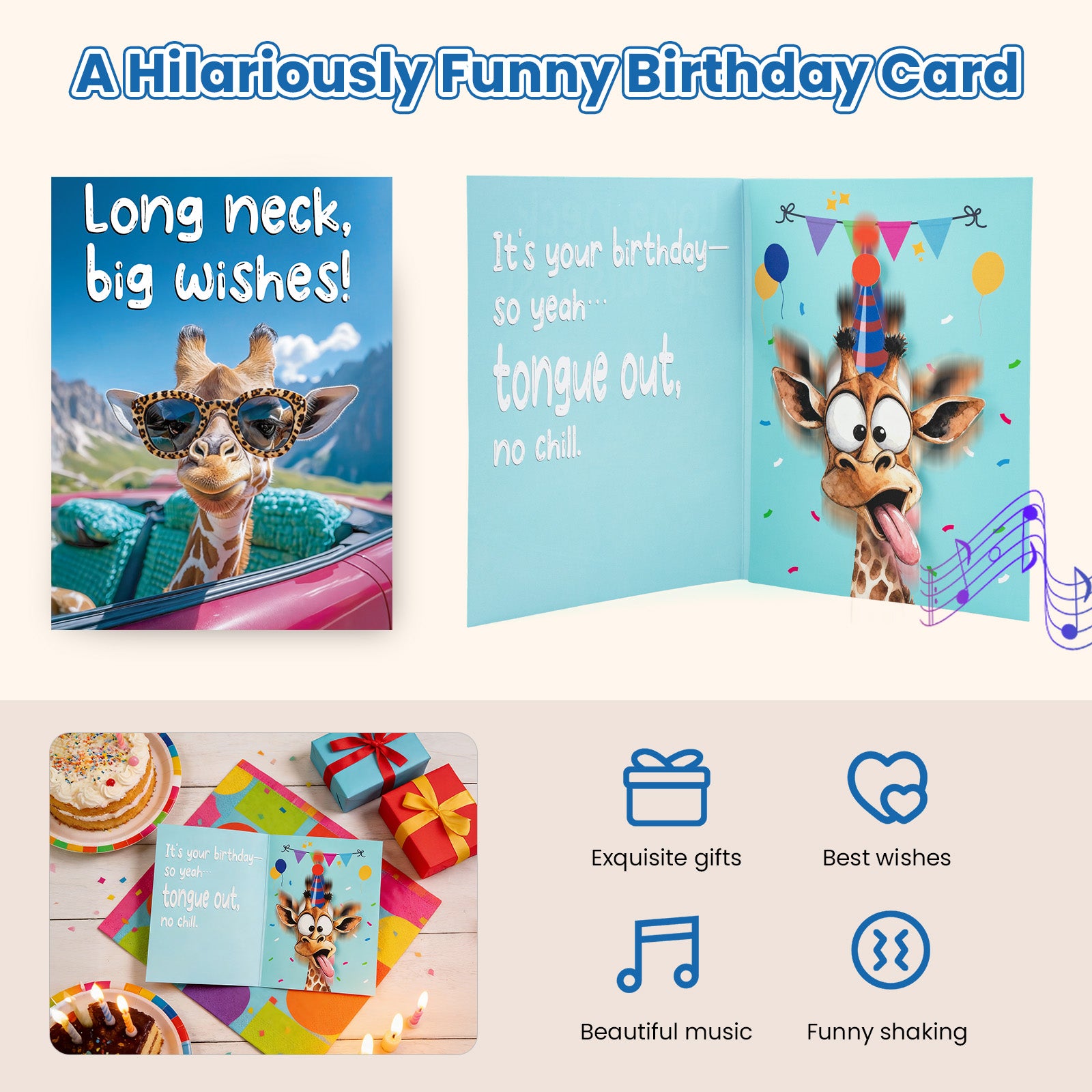 Mountova Funny Birthday Cards with Sound & Motion, Musical Shaking Giraffe Interactive Greeting Card for Women Men Kids, Happy Birthday Card with Envelope for Family Friends Coworker