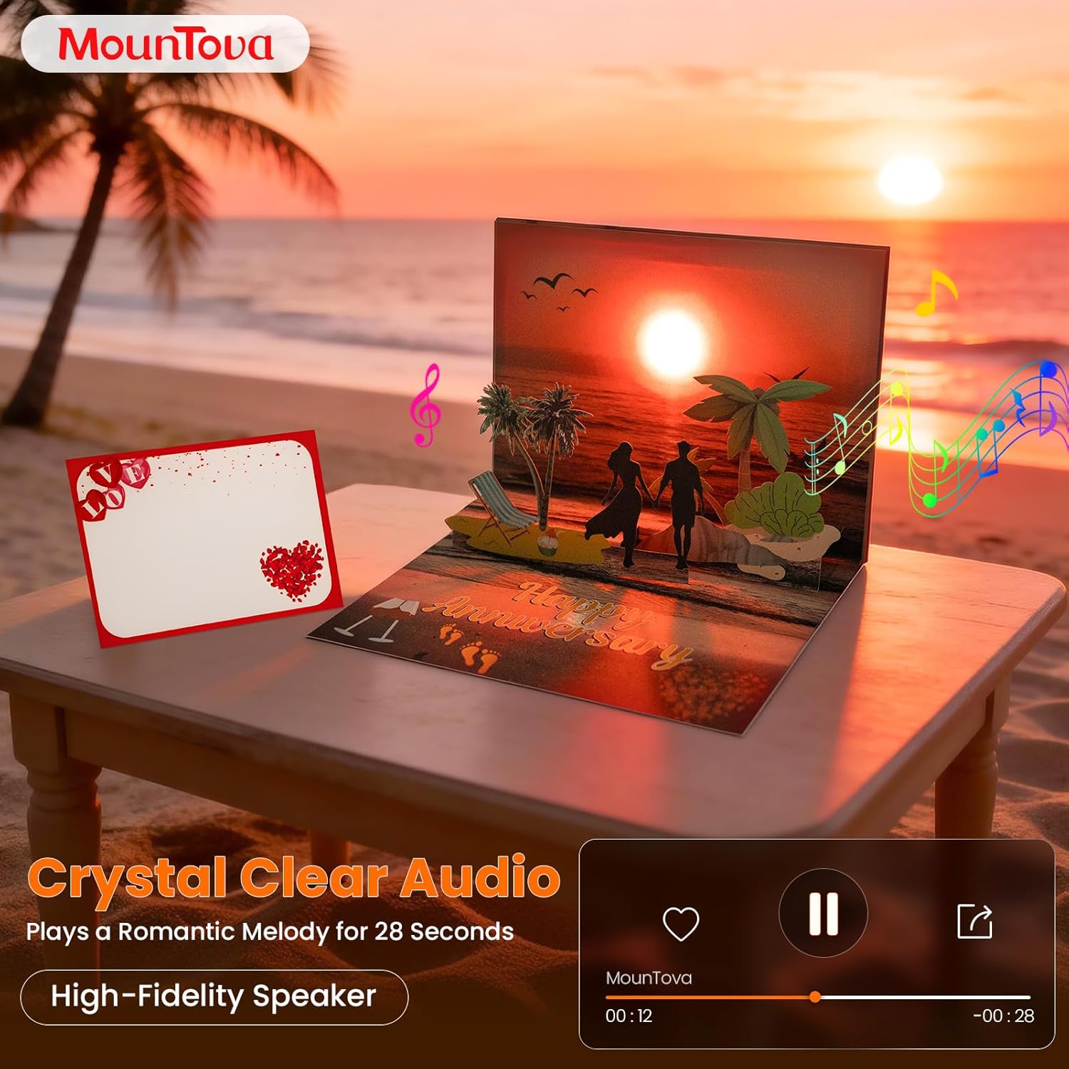 Anniversary Card with Music and Lights, 3D Pop Up Happy Anniversary Cards for Women Men Wife Husband Couple, Beach Vacation Invitation Card for Him or Her