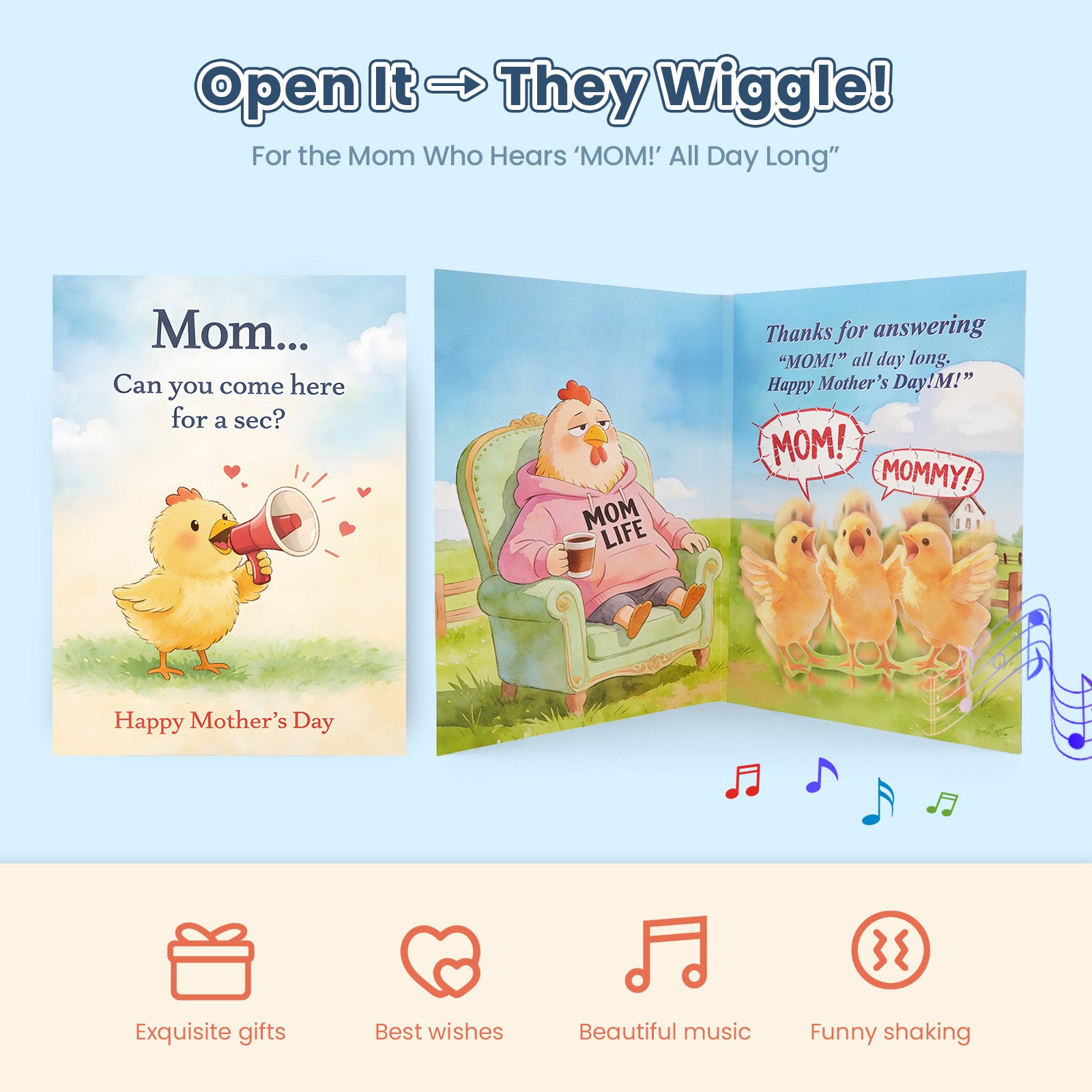 Mountova Fun Mother's Day Greeting Card, featuring sound and movement, including a musically shaking chick interactive card, and comes with an envelope. A perfect holiday card for mom and grandma.