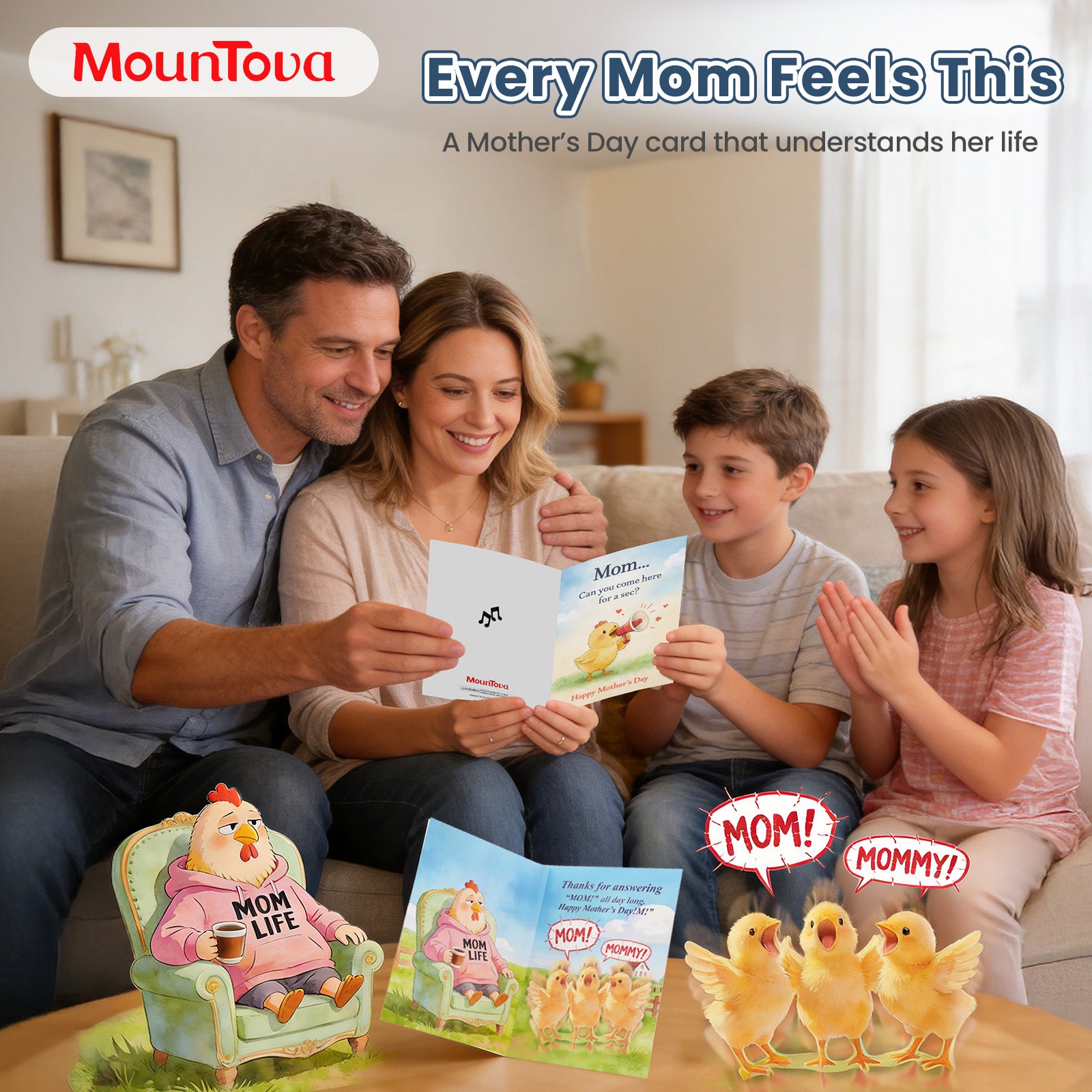 Mountova Fun Mother's Day Greeting Card, featuring sound and movement, including a musically shaking chick interactive card, and comes with an envelope. A perfect holiday card for mom and grandma.