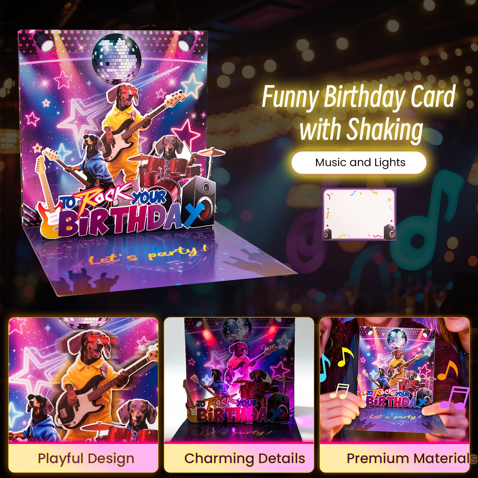 mountova Birthday Card, Funny Birthday Cards for Men Women Kids, Exquisite MUSICAL & SHAKING & LIGHTING Rock Band Dog Pop-up Greeting Card Gifts with Envelope, 6.1 x 6.1 Inch