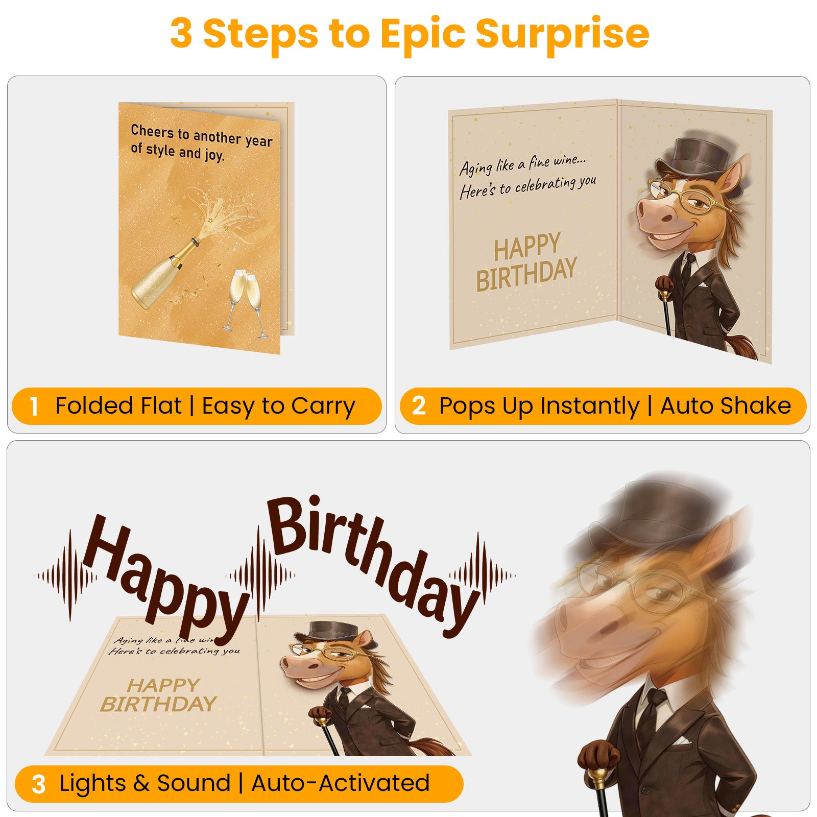 Gentleman Horse Musical Birthday Card for Men, Dad, Husband，Funny Shaking Greeting Card for Him, Perfect for Birthday Party, Father’s Day