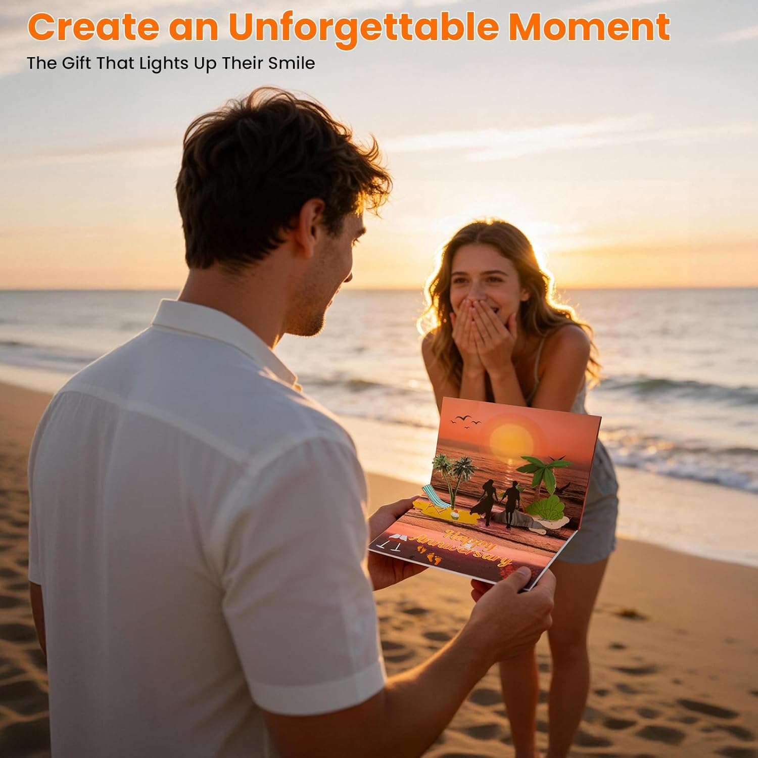 Anniversary Card with Music and Lights, 3D Pop Up Happy Anniversary Cards for Women Men Wife Husband Couple, Beach Vacation Invitation Card for Him or Her