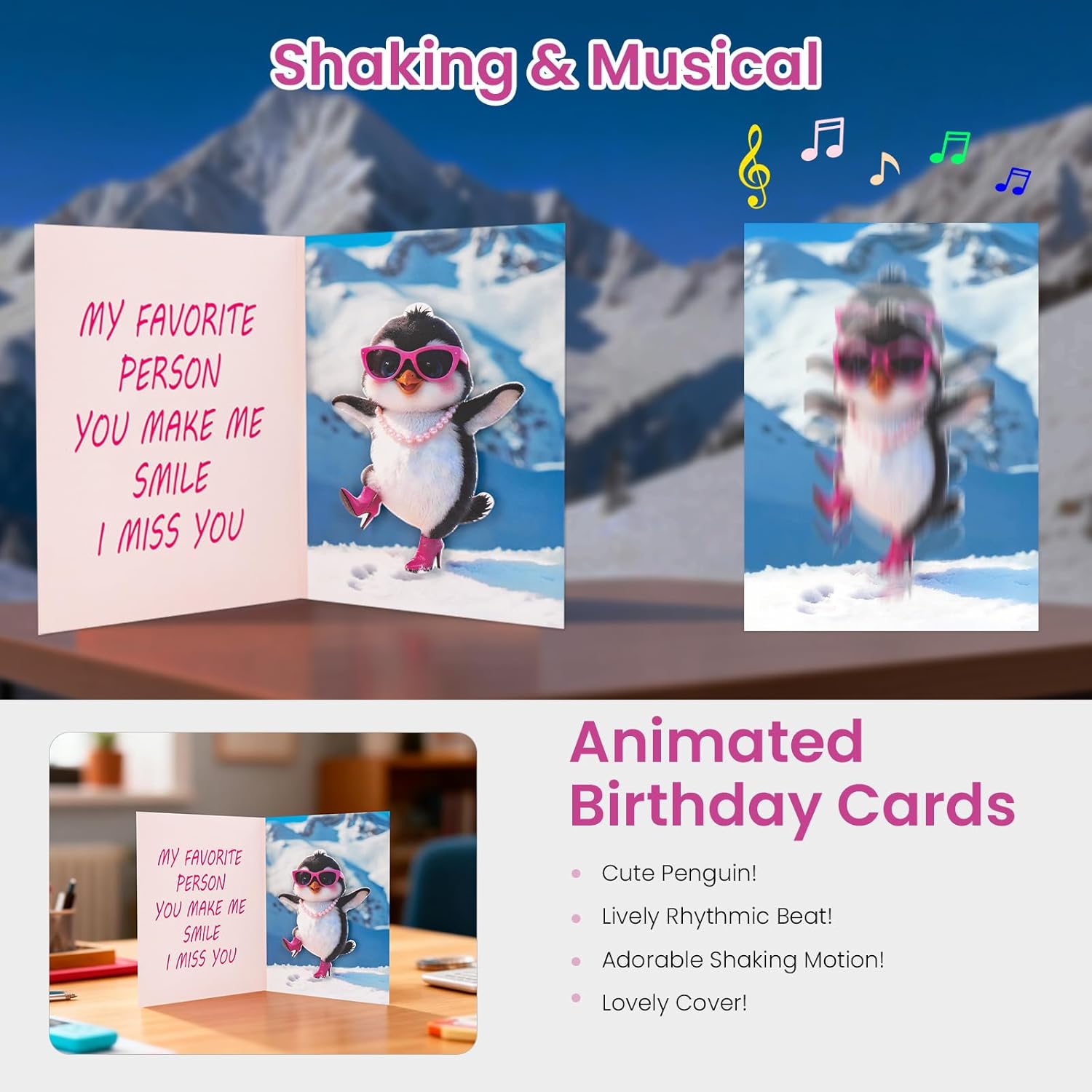 Funny Birthday Card，Funny Penguin Musical ＆ Shaking Card，Interactive Greeting Card with Envelope for Women，Girlfriend，Colleague，Bestie