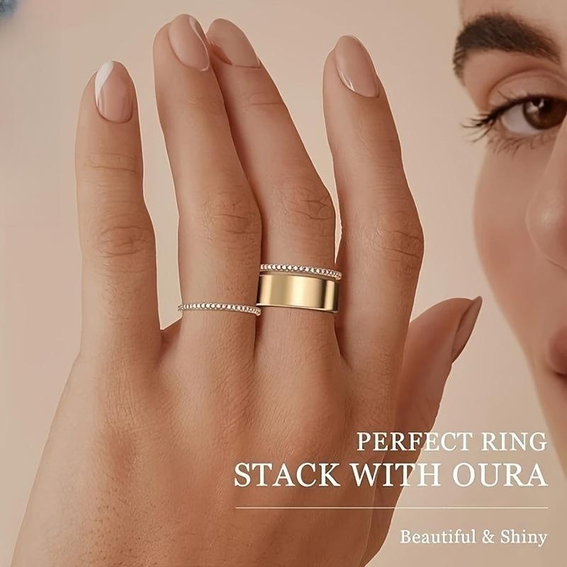 For Oura5,with smart rings【Ring not included】Stainless steel wide-band ring with smooth finish and stacked-look edge detailing; minimalist style,Compatible with Oura5