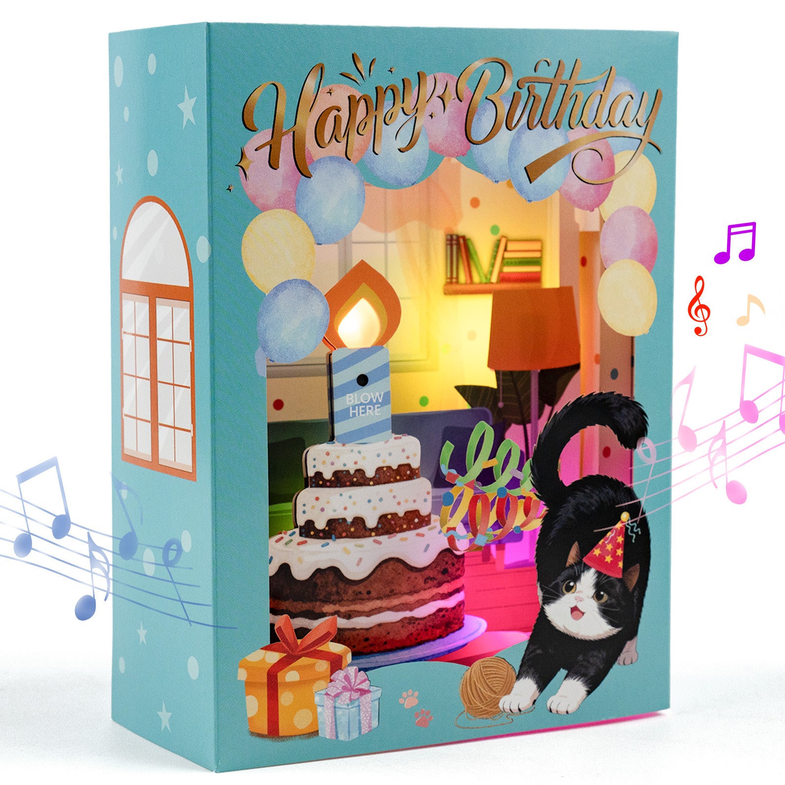 4D Pop-Up Birthday Card with Blowable Candle, Light & Music | Cute Cat Design, Interactive Birthday Greeting Card Gift for Her/Him