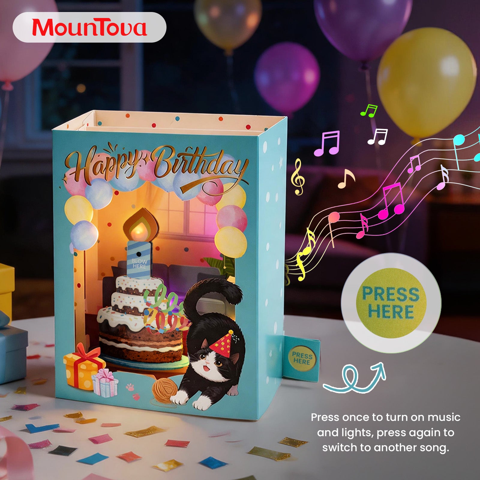 4D Pop-Up Birthday Card with Blowable Candle, Light & Music | Cute Cat Design, Interactive Birthday Greeting Card Gift for Her/Him