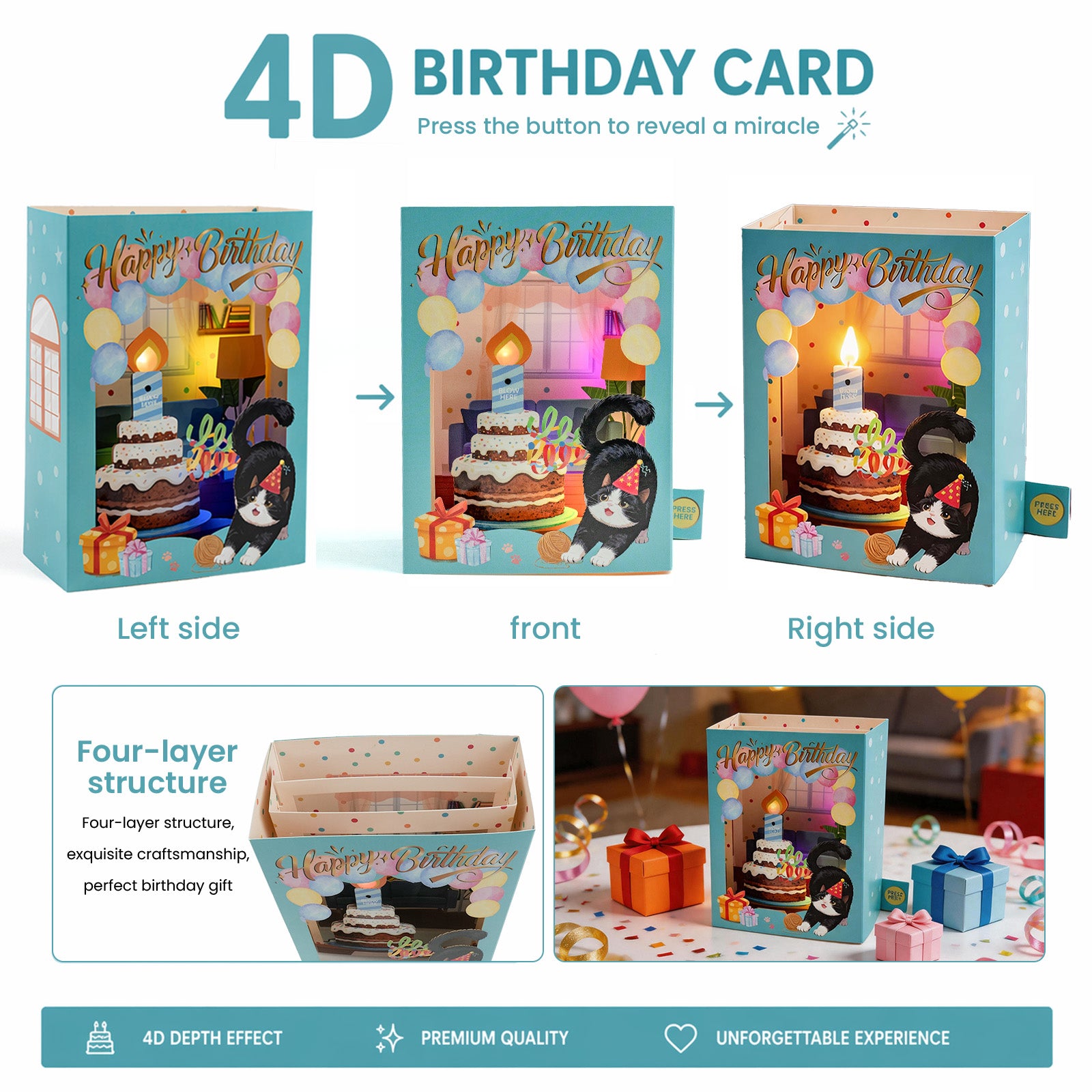 4D Pop-Up Birthday Card with Blowable Candle, Light & Music | Cute Cat Design, Interactive Birthday Greeting Card Gift for Her/Him