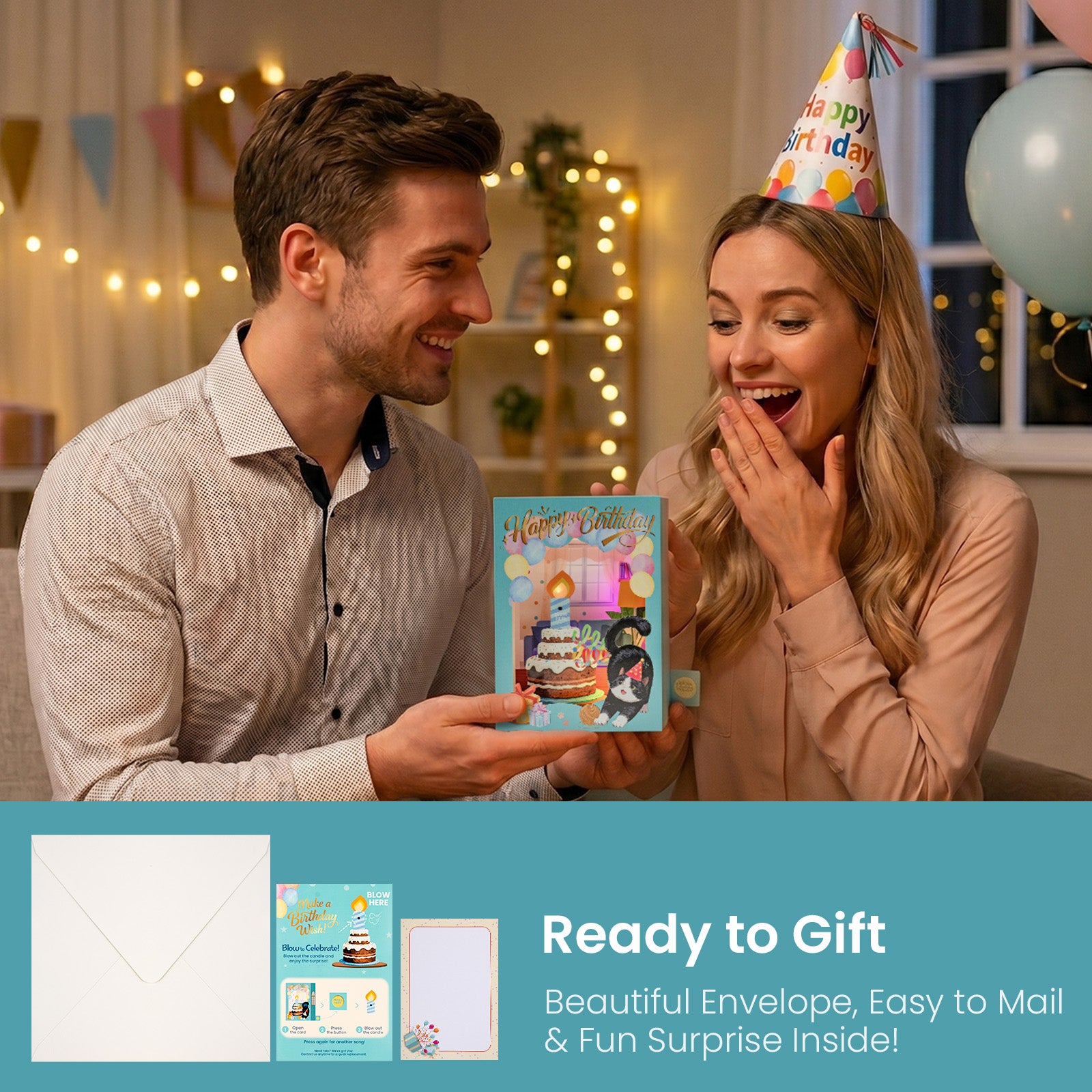 4D Pop-Up Birthday Card with Blowable Candle, Light & Music | Cute Cat Design, Interactive Birthday Greeting Card Gift for Her/Him