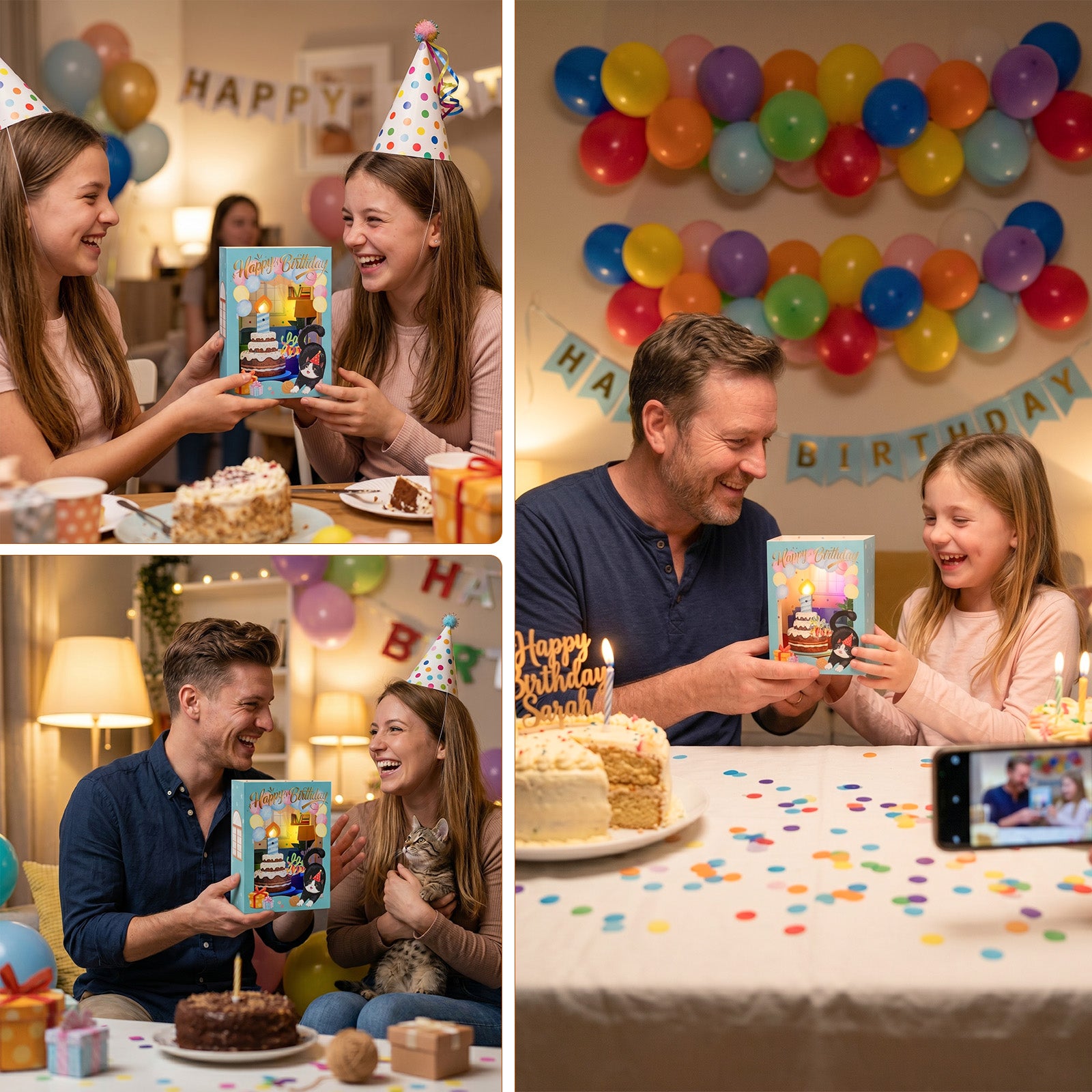 4D Pop-Up Birthday Card with Blowable Candle, Light & Music | Cute Cat Design, Interactive Birthday Greeting Card Gift for Her/Him