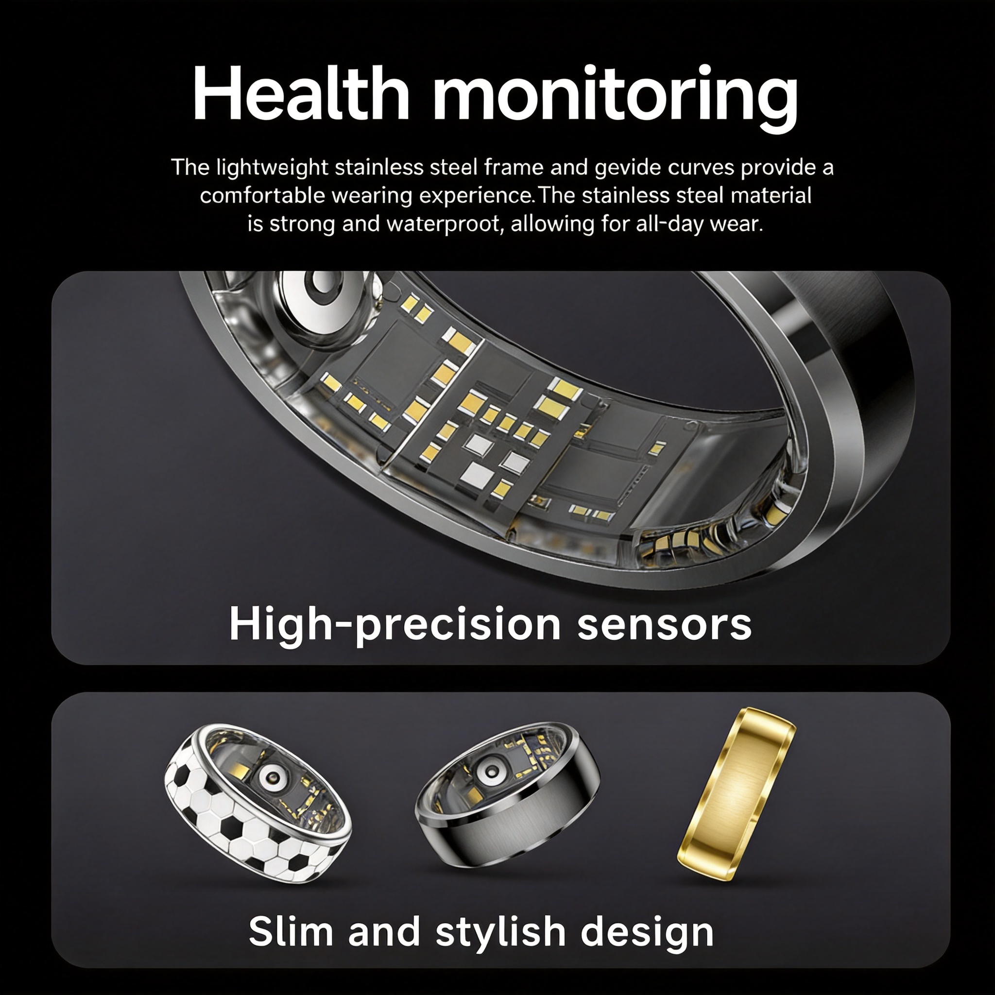 Vibration Call & Message Alert Stainless Steel Smart Health Ring, IP68 Waterproof Fitness Tracker, 24/7 Heart Rate Blood Oxygen Sleep Stress Monitor, 100+ Sports Modes, Family Care Long Battery Smart Ring for Men Women