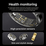 Vibration Call & Message Alert Stainless Steel Smart Health Ring, IP68 Waterproof Fitness Tracker, 24/7 Heart Rate Blood Oxygen Sleep Stress Monitor, 100+ Sports Modes, Family Care Long Battery Smart Ring for Men Women
